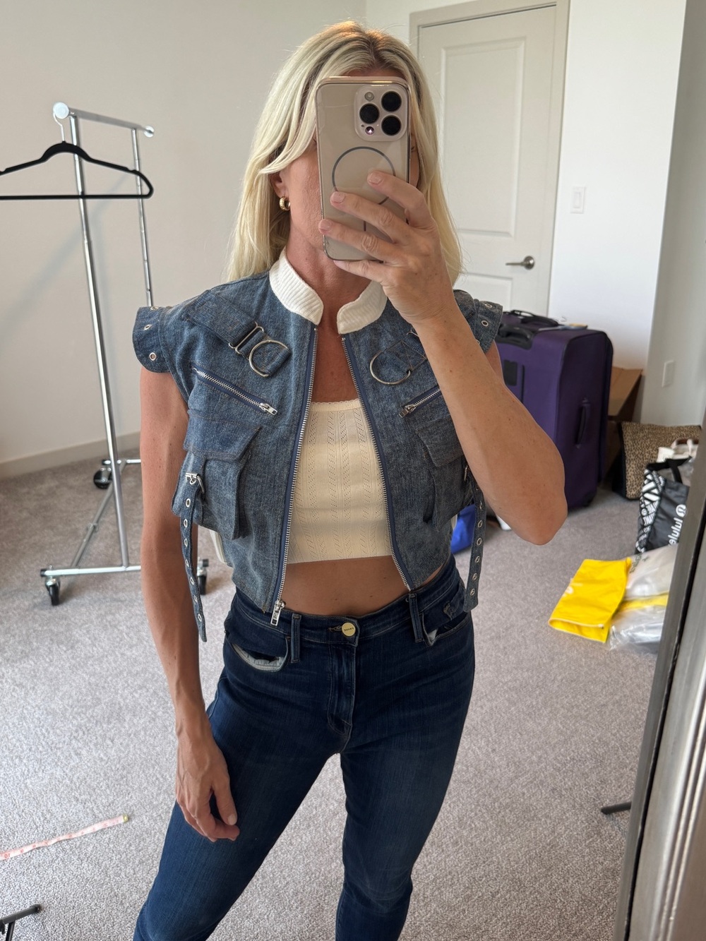 Blue Denim Cropped Top Short Sleeve Jacket Size Medium